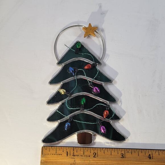 Green Stained Glass Christmas Tree Ornament with Multicolor Lights and Star 5" - Picture 10 of 10
